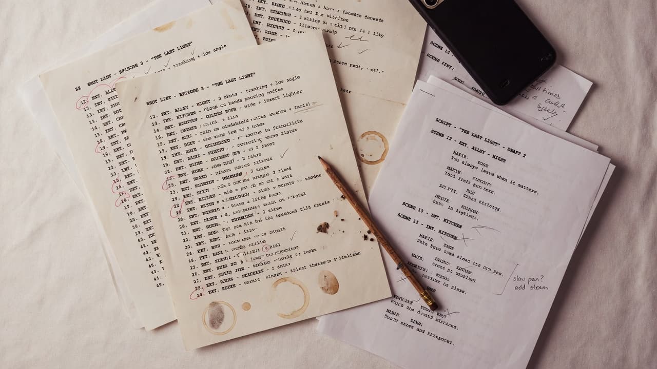 Kertas shot list dan skrip di atas meja