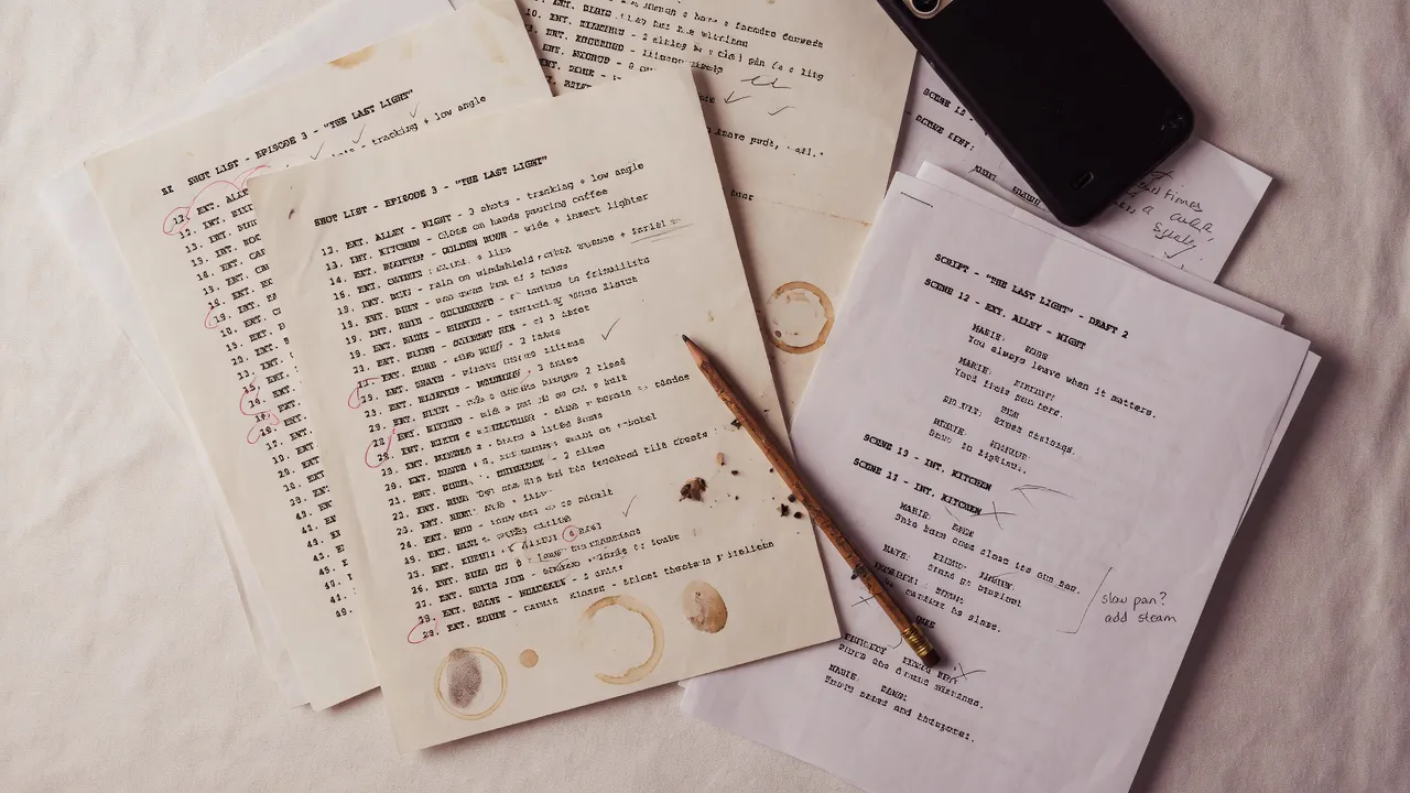 Kertas shot list dan skrip di atas meja